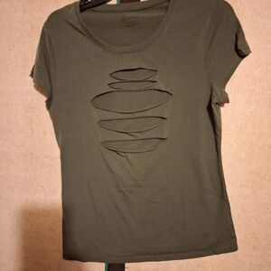 'No Boundaries' fitted olive green "ripped-for-you" t-shirt with split sleeves.
